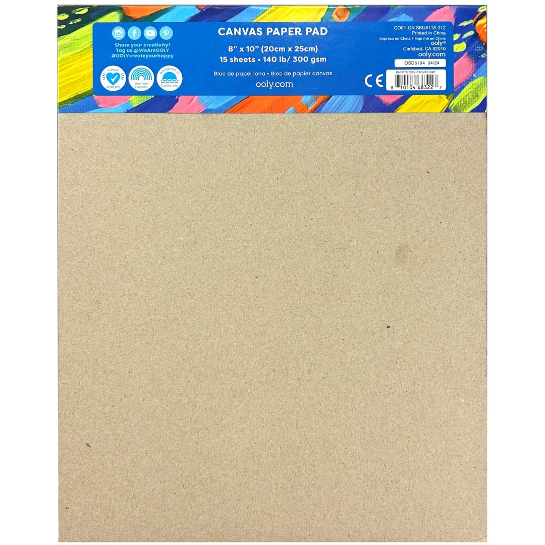 Achterkant van de ooly Canvas Paper Pad verpakking met productinformatie en een barcode.