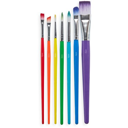 Een set van 7 ooly penselen met handvatten in regenboogkleuren en verschillende borstelvormen.