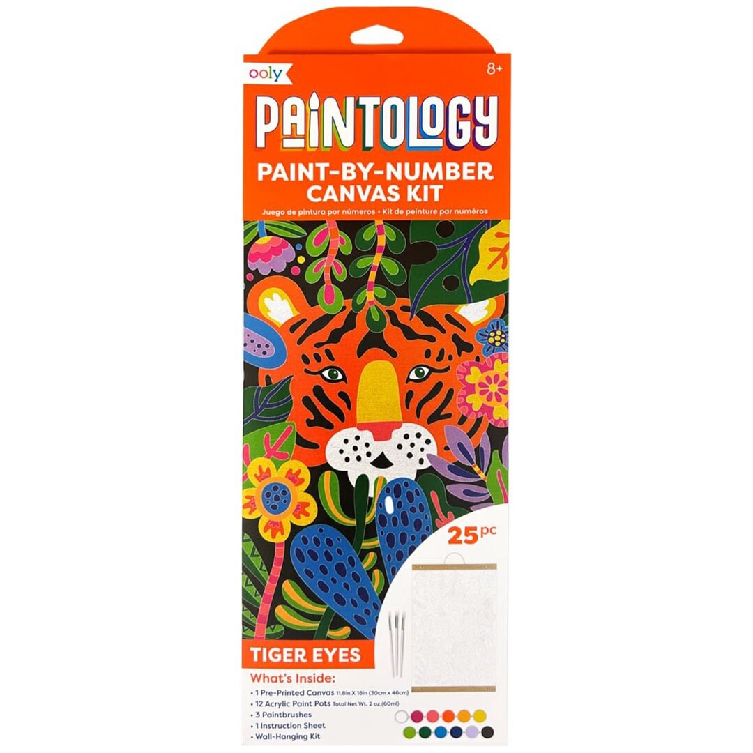 De voorkant van de ooly Paintology verf-op-nummerset verpakking met een kleurrijke tijgerkop en junglebladeren.