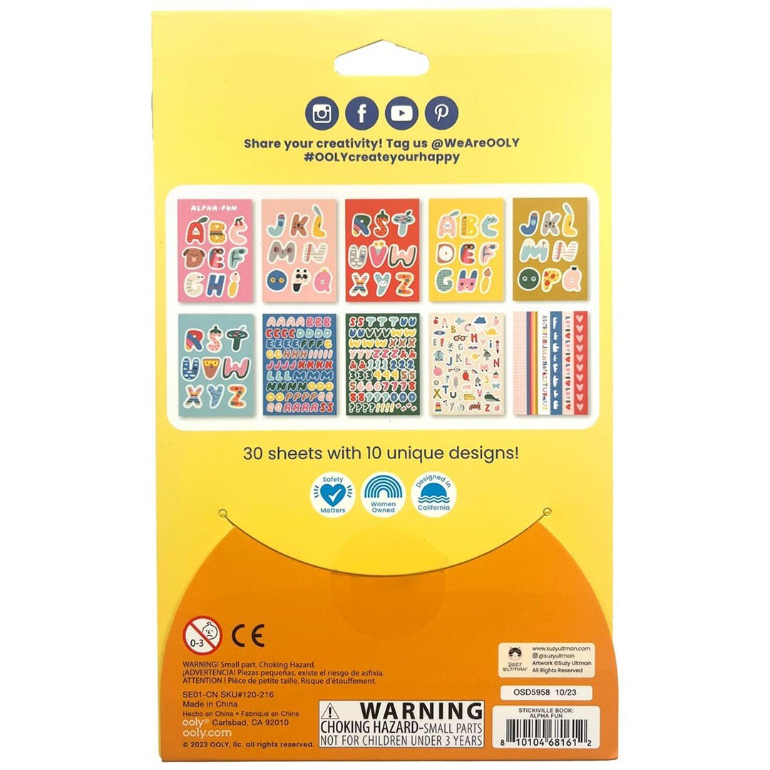 De achterkant van de ooly stickerboek verpakking, met voorbeelden van de verschillende stickerbladen en productinformatie.