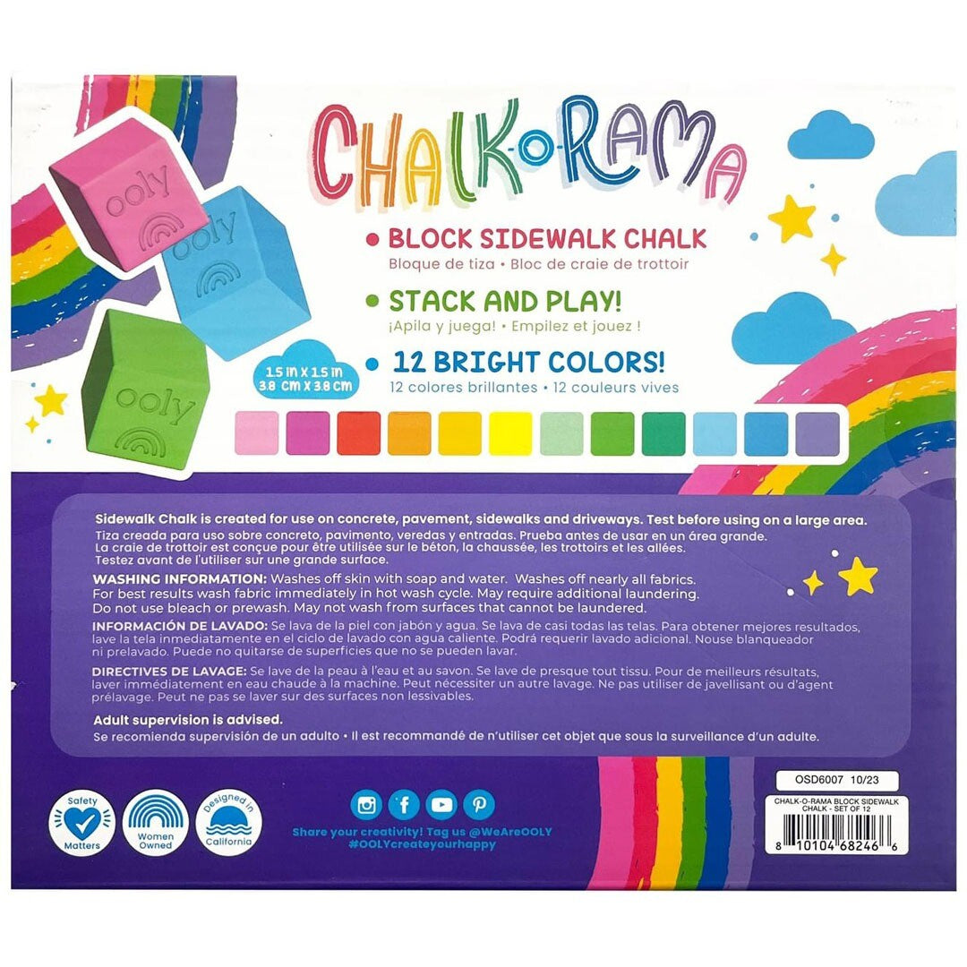 De achterkant van de Ooly Chalk-O-Rama verpakking met productinformatie en instructies in meerdere talen.