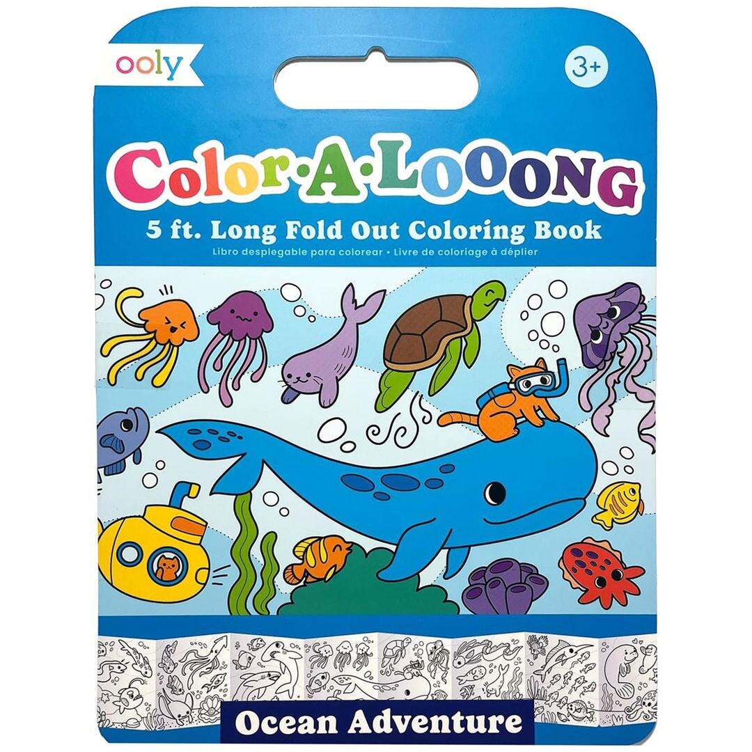 De voorkant van de ooly uitvouwbaar kleurboek Oceaan Avontuur verpakking met kleurrijke illustraties van zeedieren.