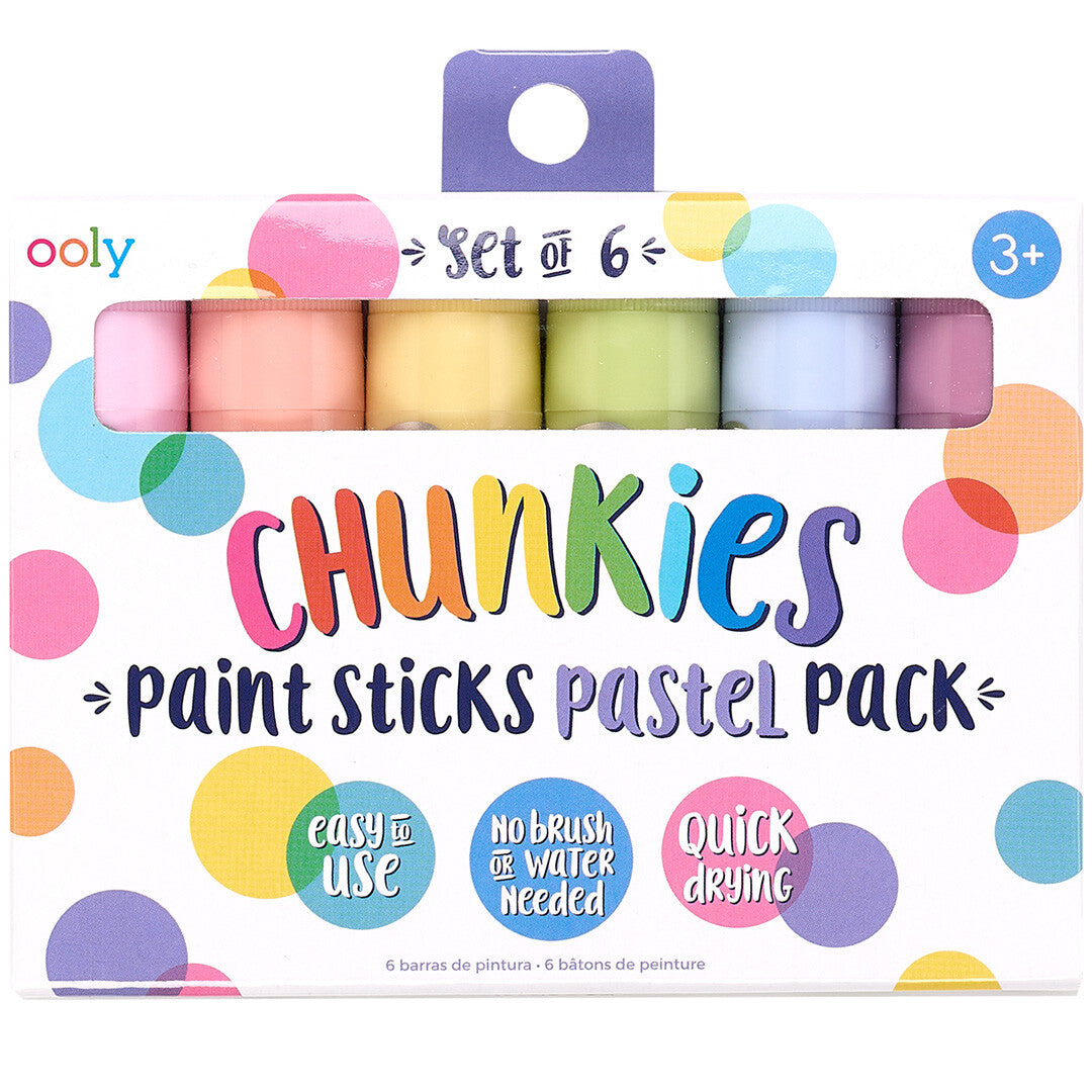 Ooly Chunkies pastel verfstiften in een verpakking met kleurrijke stippen.