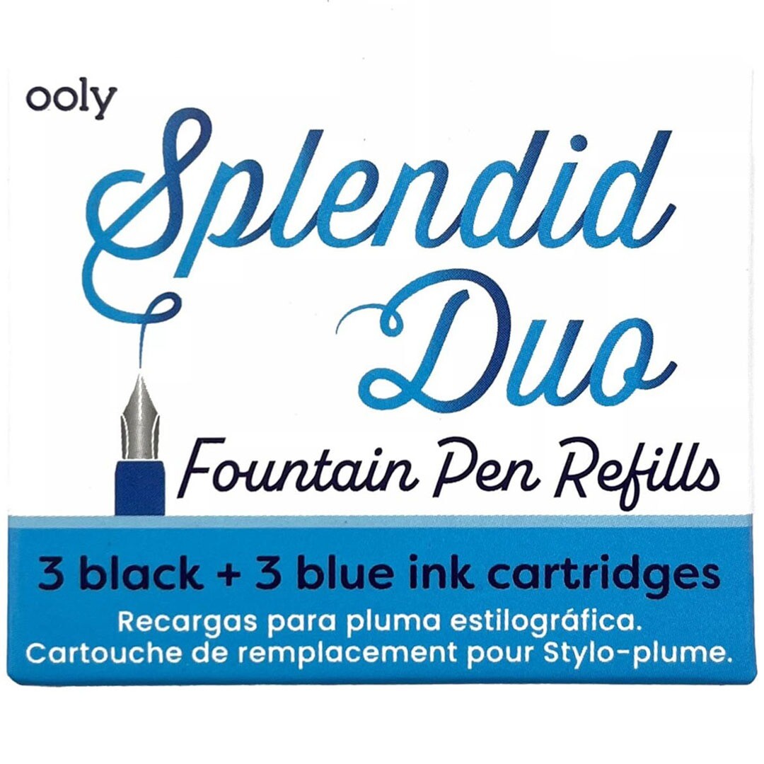 Ooly Splendid Duo verpakking voor vulpenvullingen met tekst '3 black + 3 blue ink cartridges'.