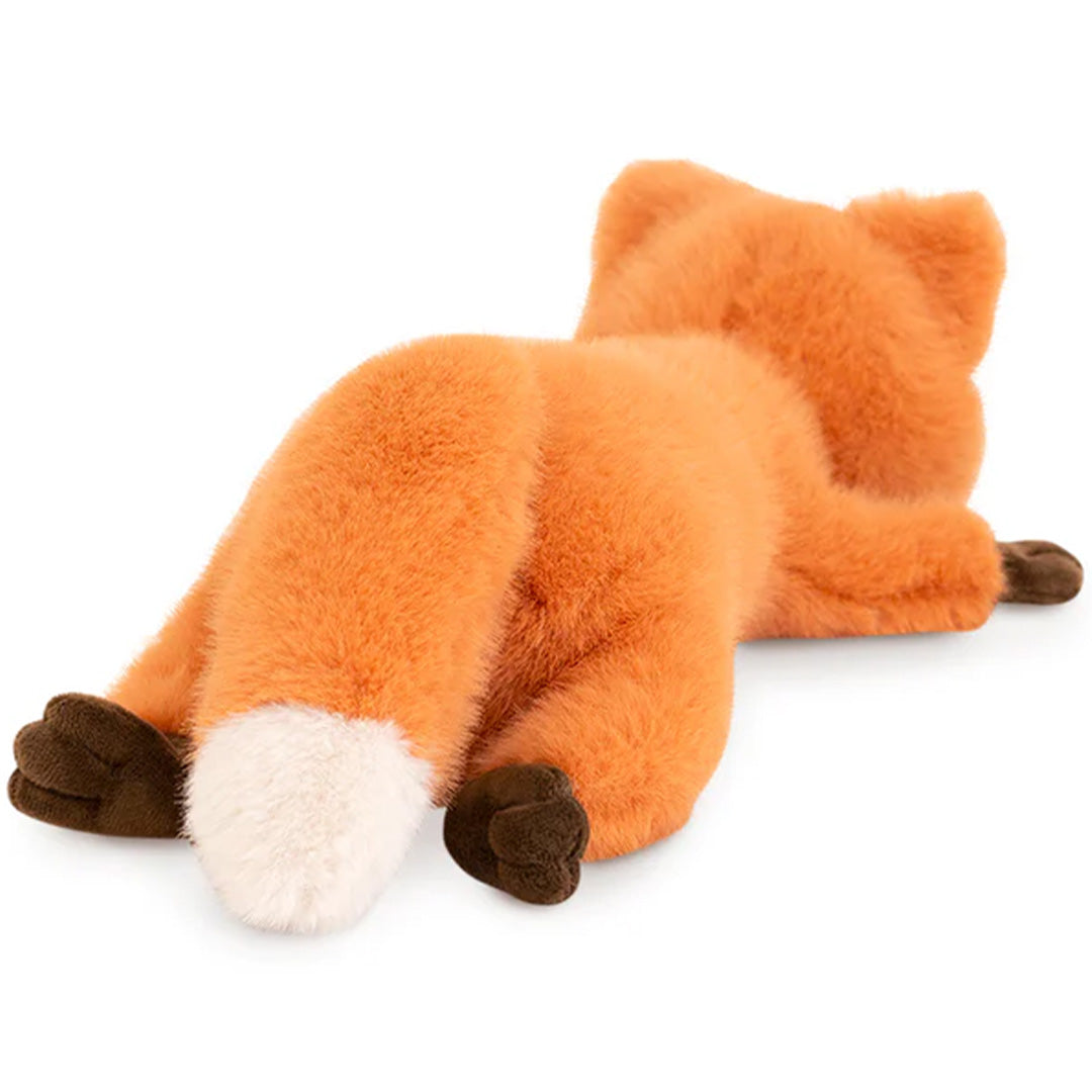 orange toys pluchen speelgoed vos, liggend gezien van achteren met de staart.