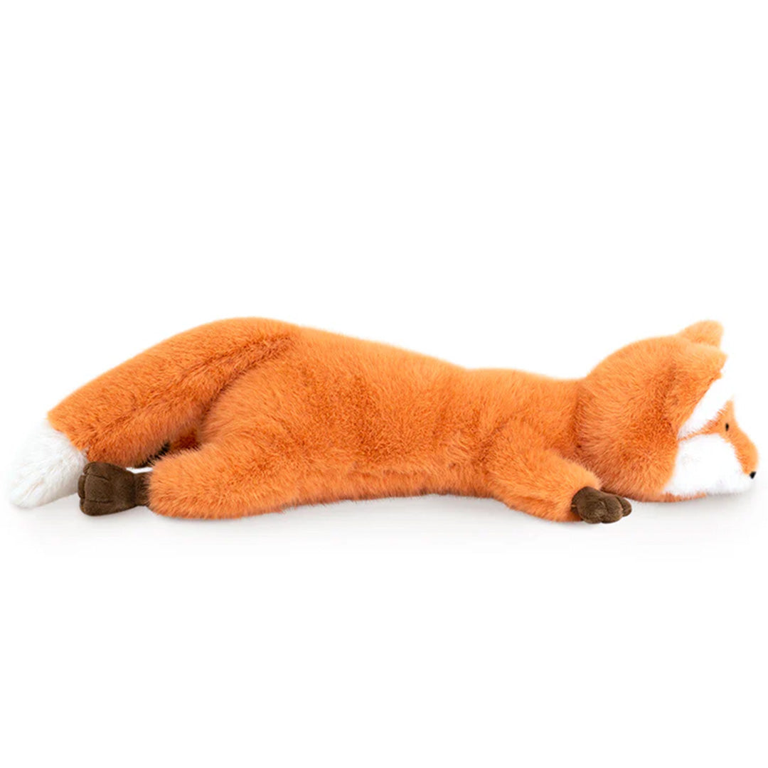 orange toys pluchen speelgoed vos, liggend gezien van de zijkant.