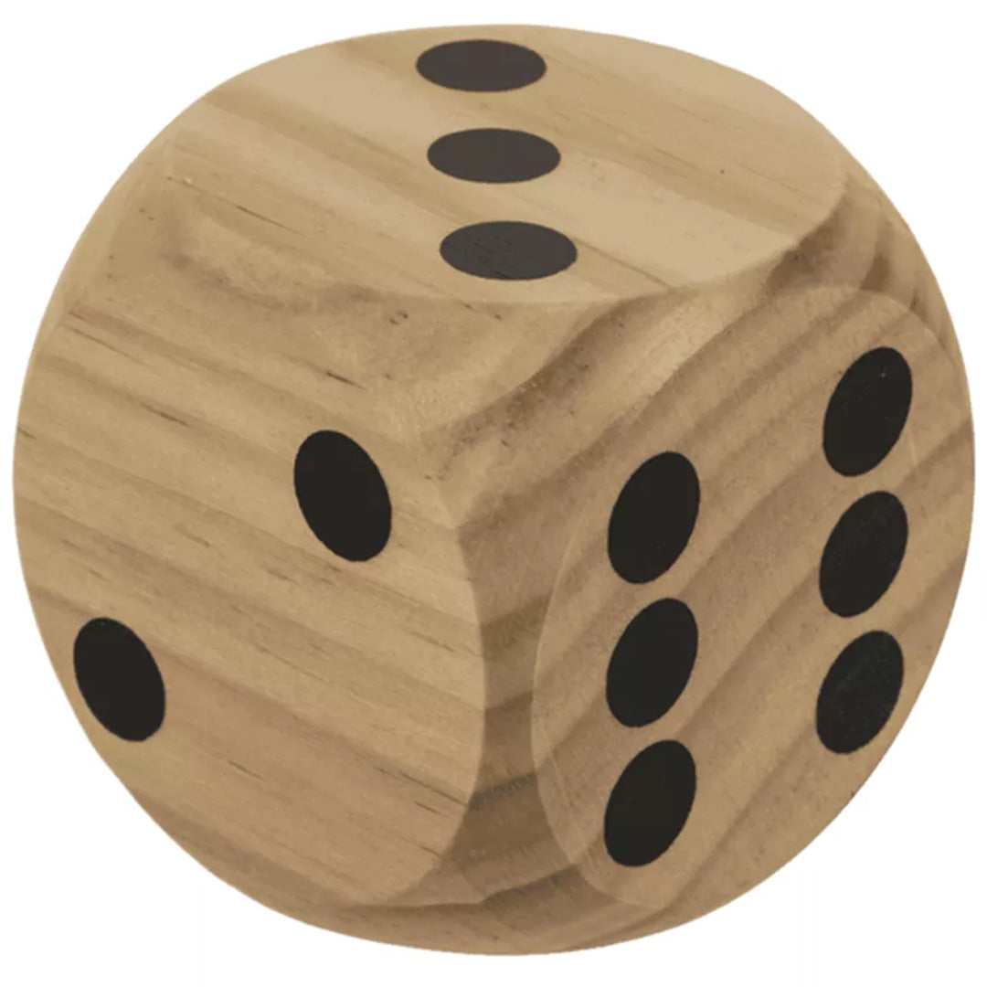 out of the blue houten dobbelsteen met afgeronde hoeken en zwarte stippen.