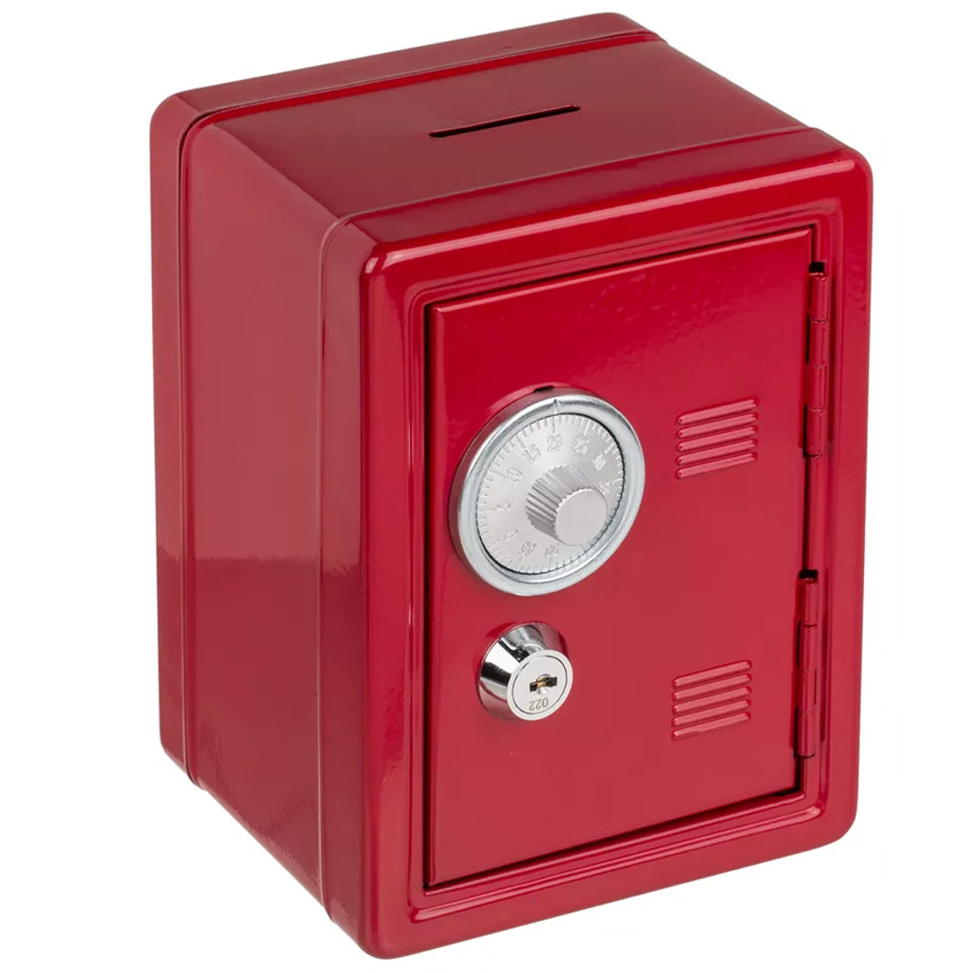Een gesloten rood out of the blue metalen kluisje met een draaiknop en sleutelgat.