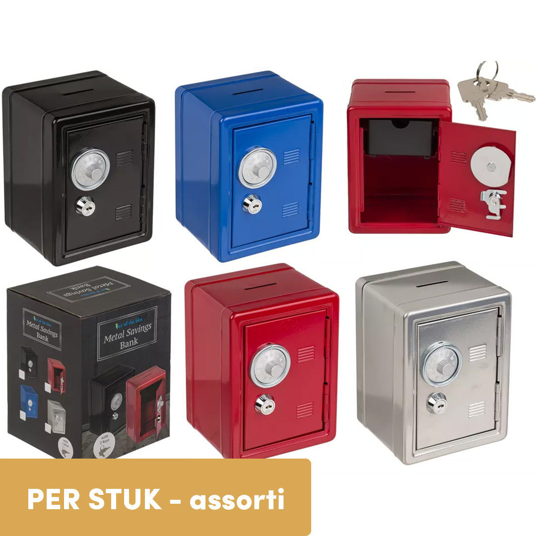 Meerdere out of the blue metalen kluisjes in zwart, blauw, rood en zilver, waarvan één rood kluisje open is met sleutels en een verpakking.