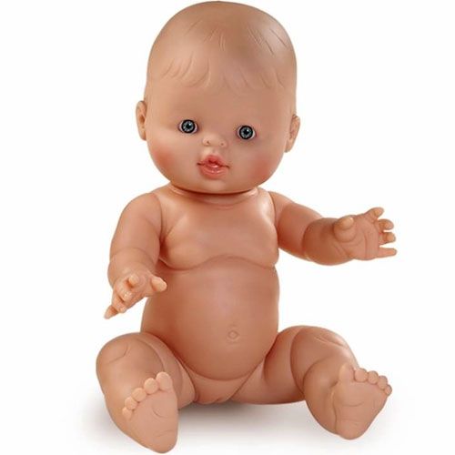 Paola Reina vinyl babypop zittend, met blauwe ogen.