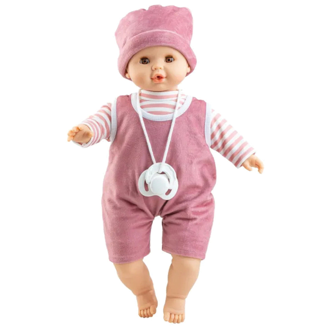 Paola Reina babypop met roze gestreepte trui, roze tuinbroek, roze muts en een witte speen.