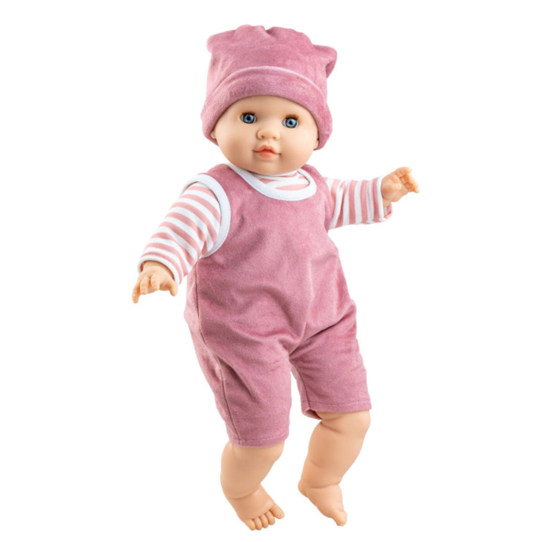 Paola Reina babypop van vinyl en stof in roze tuinbroek en gestreept shirt.