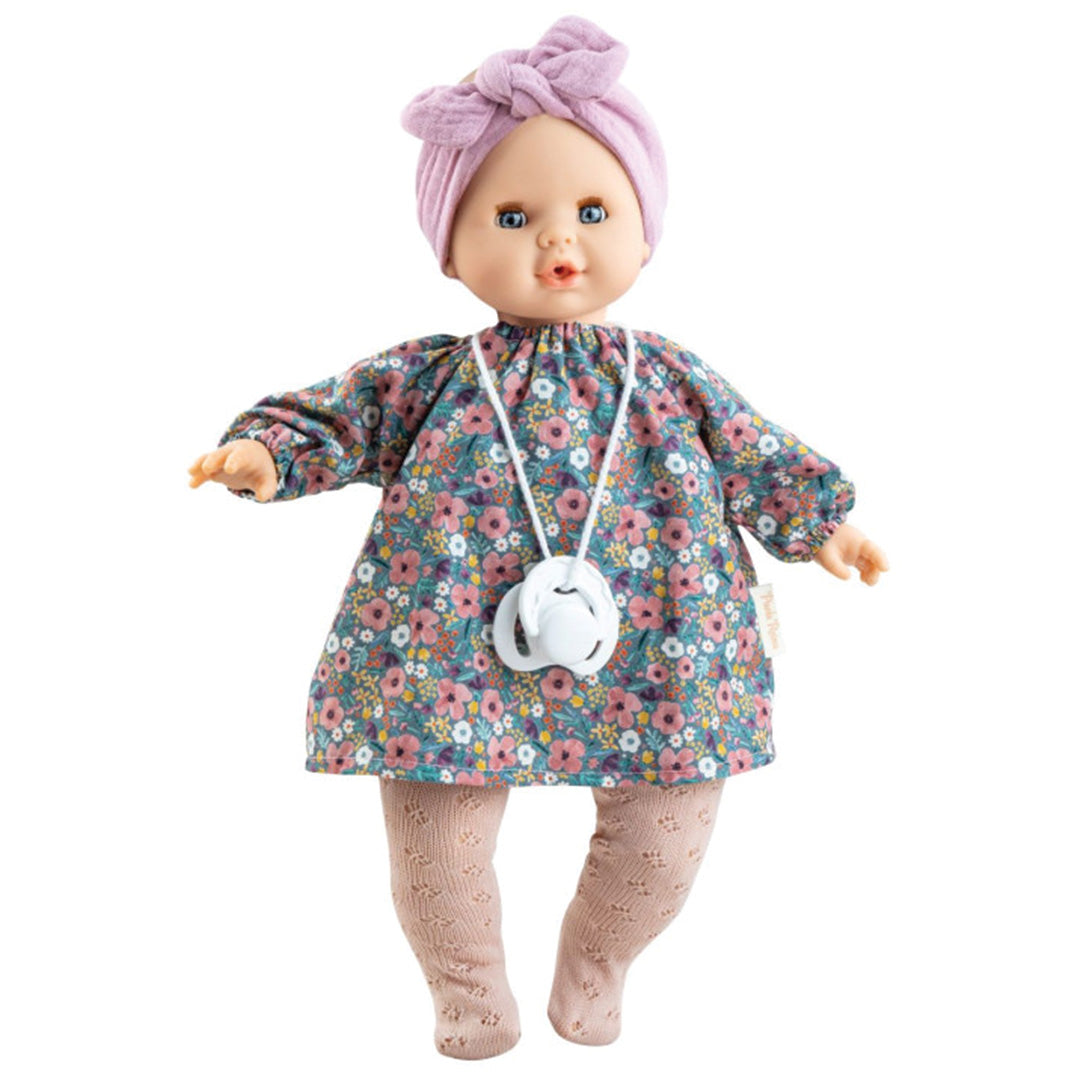 Paola Reina babypop Sonia met gebloemde jurk, roze hoofdband en speen.