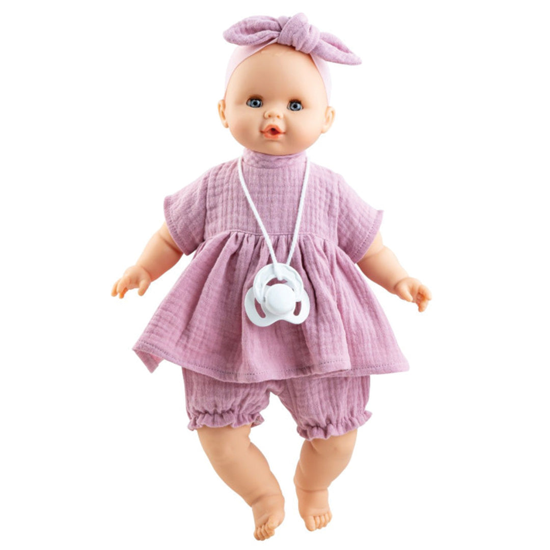 Paola Reina babypop Sonia met lichtroze jurk, broekje, hoofdband en speen.