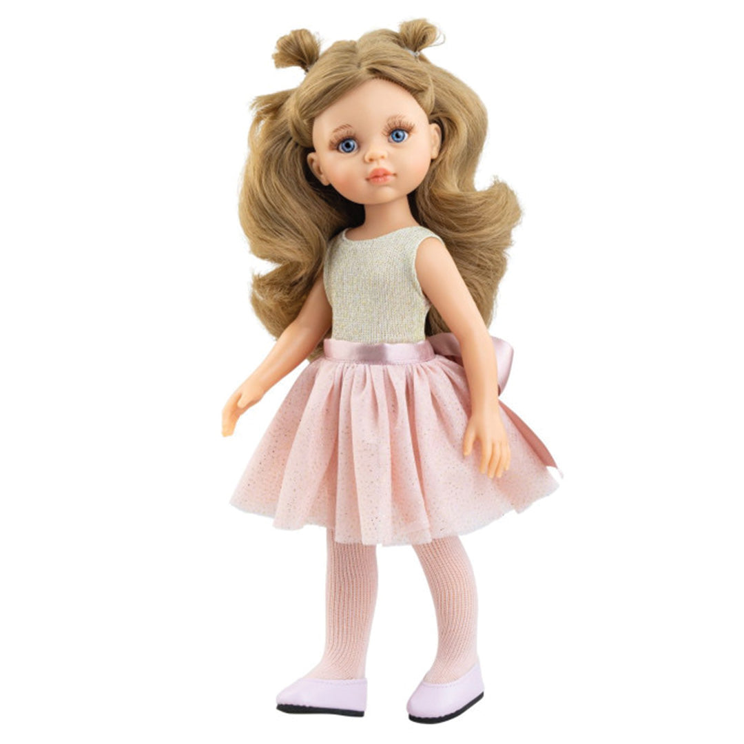 Paola Reina aankleedpop Carla als ballerina met roze tutu en blonde haren in staartjes.
