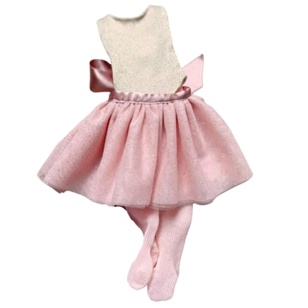 Roze ballerina poppenkleding set met een glitterrokje, top en panty.