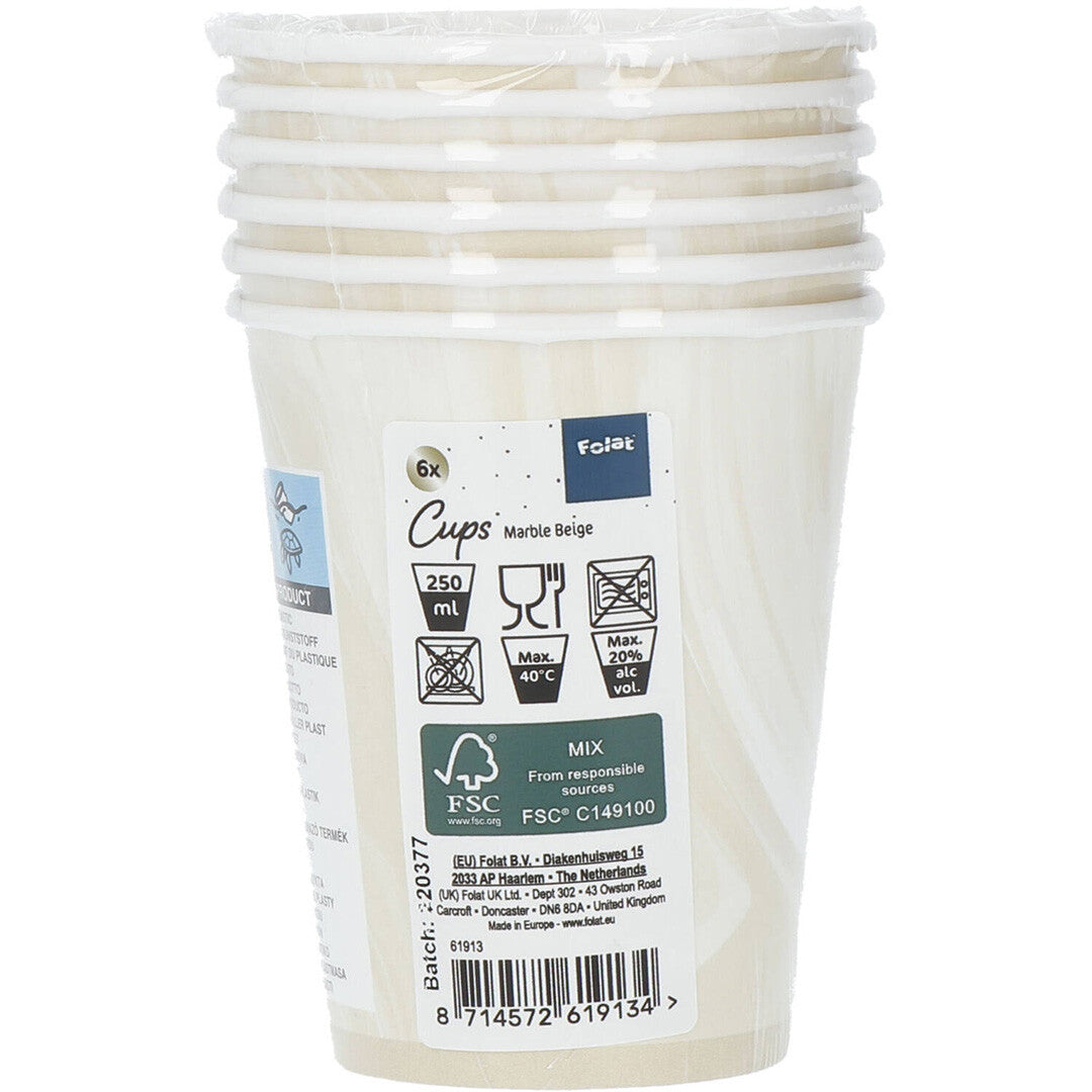 De verpakking van Folat papieren bekers met een beige marmerpatroon, zes stuks.