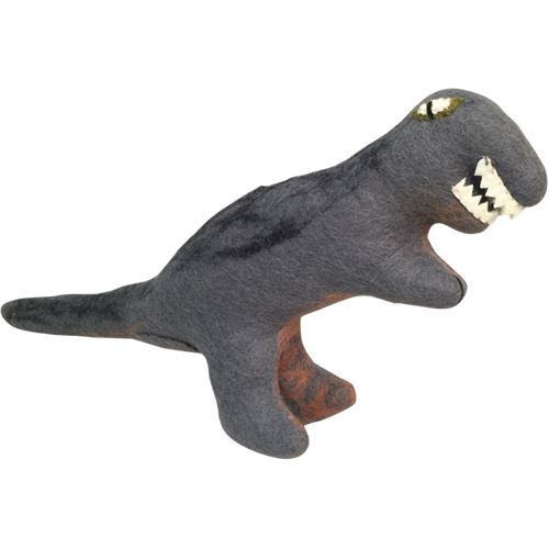 Papoose Toys grijze vilten T-Rex knuffeldino met witte tanden en groene ogen.