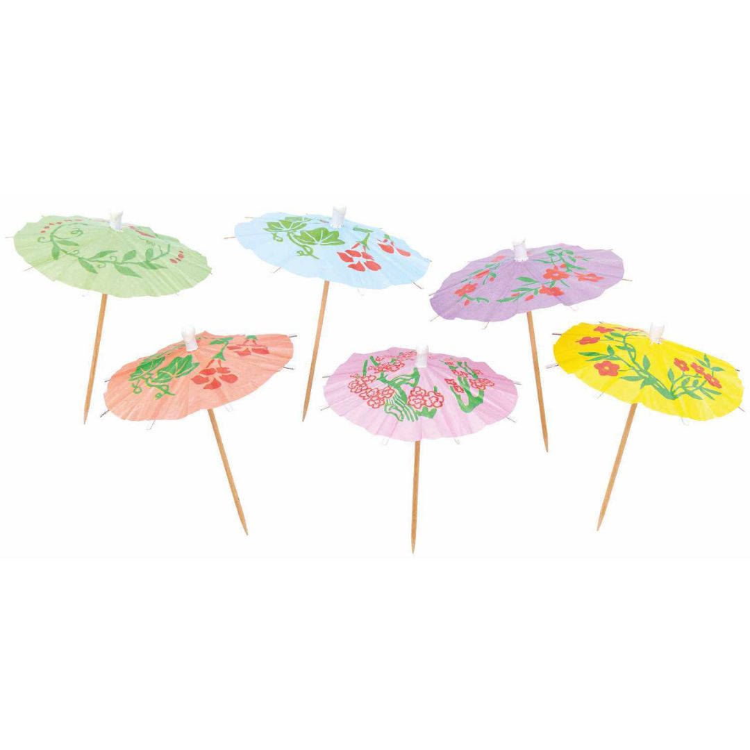Zes open Rico Design cocktailparaplu's met gebloemd patroon in verschillende kleuren.