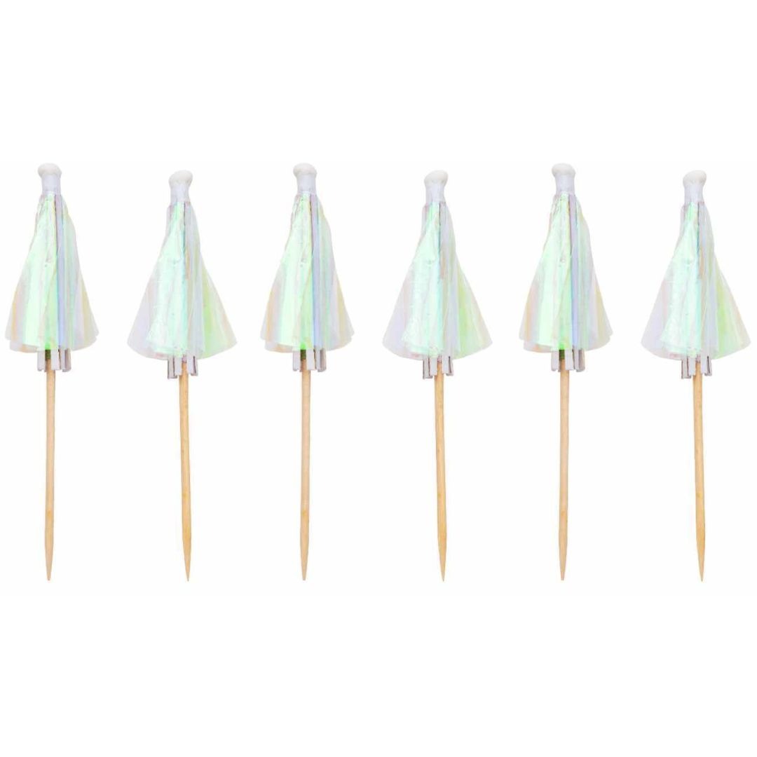 Zes Rico Design holografische cocktailparaplu's met houten prikkers.