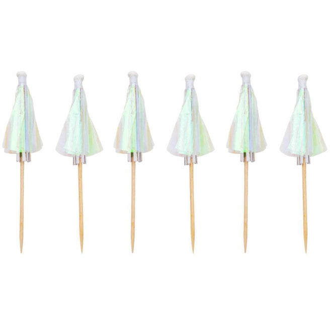 Zes Rico Design holografische cocktailparaplu's met houten prikkers.