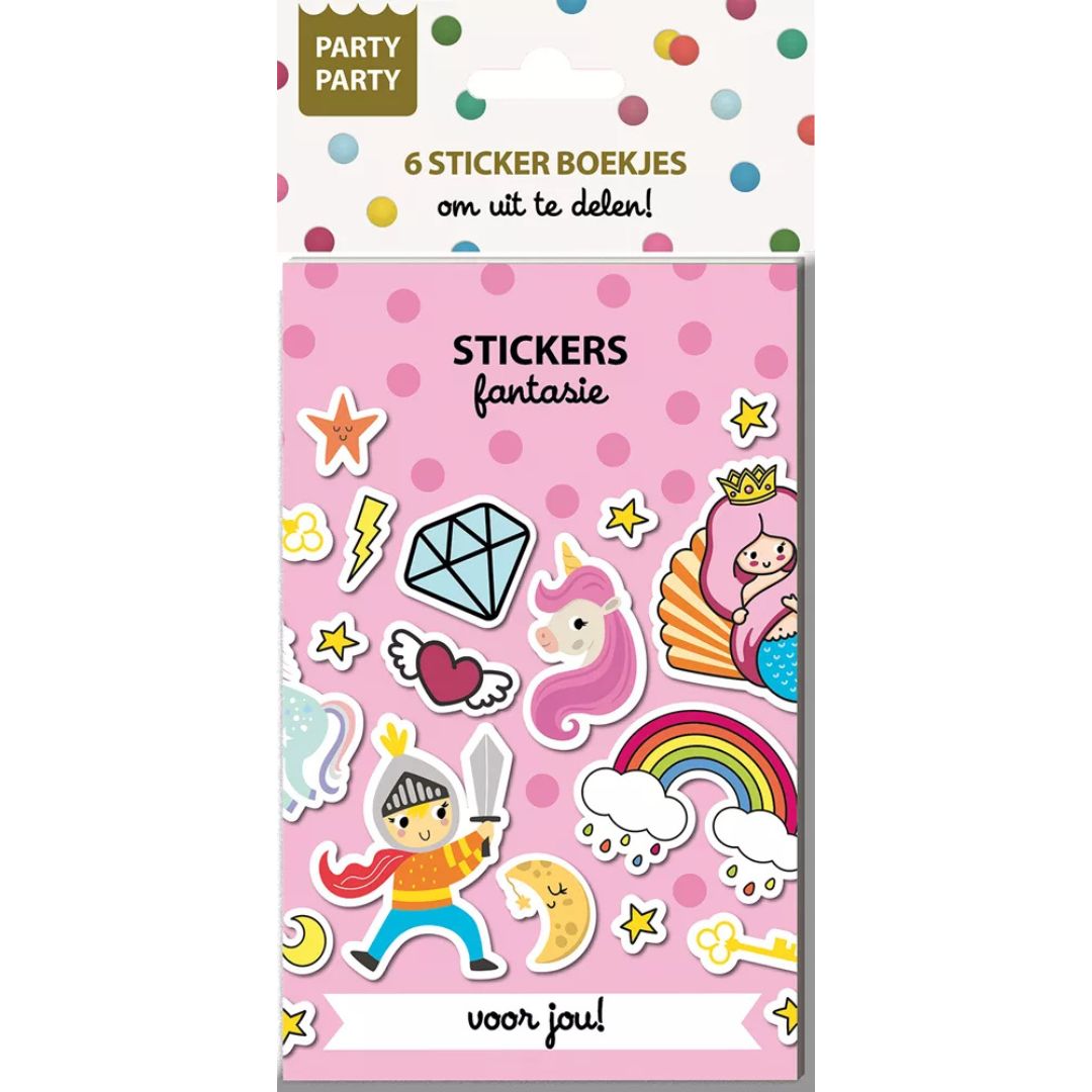 Verpakking van Party Party uitdeelboekjes met fantasie stickers, waaronder een eenhoorn, zeemeermin en ridder, op een roze achtergrond.