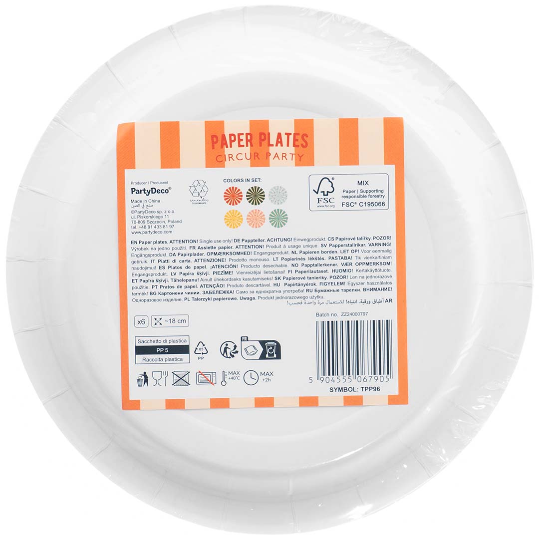 Achterkant van de PartyDeco verpakking voor papieren borden met productinformatie en specificaties.