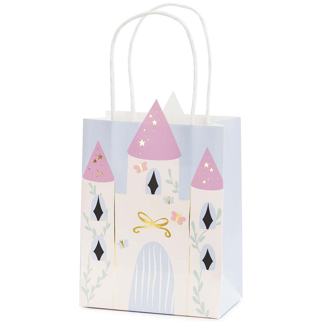 Partydeco papieren cadeautasje met een blauw kasteelpatroon.