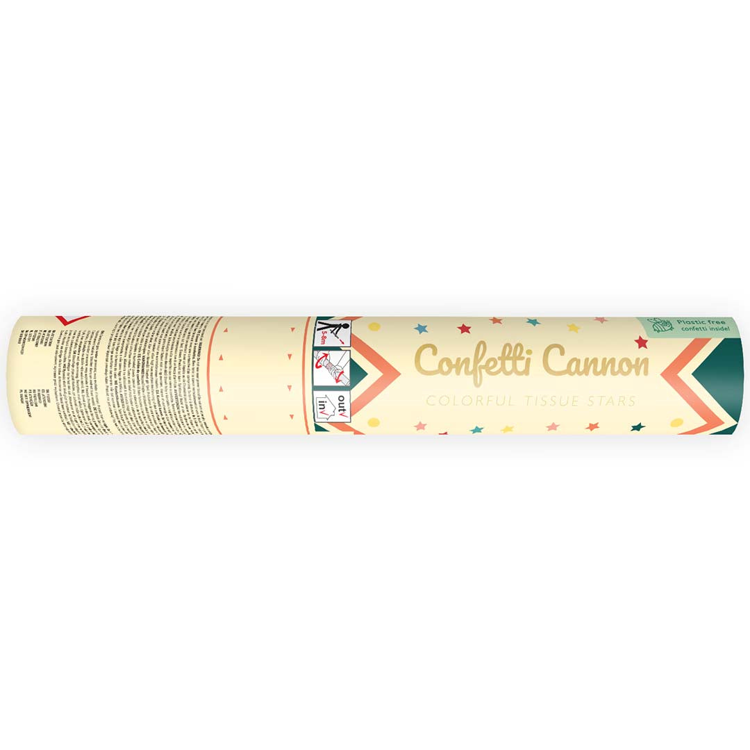 Partydeco confettikanon met sterrenpatroon, van bovenaf gezien.