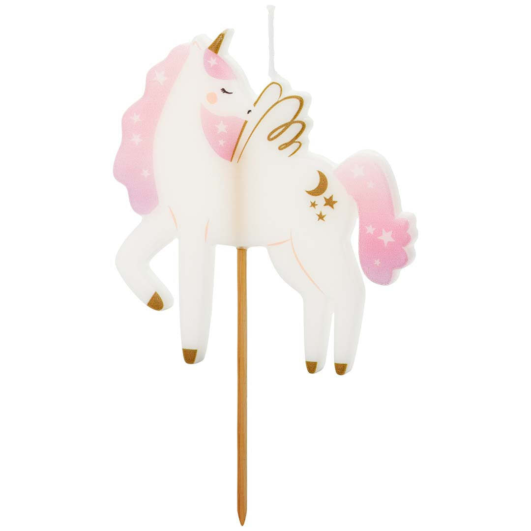 Partydeco eenhoorn verjaardagskaars met roze manen en gouden details.