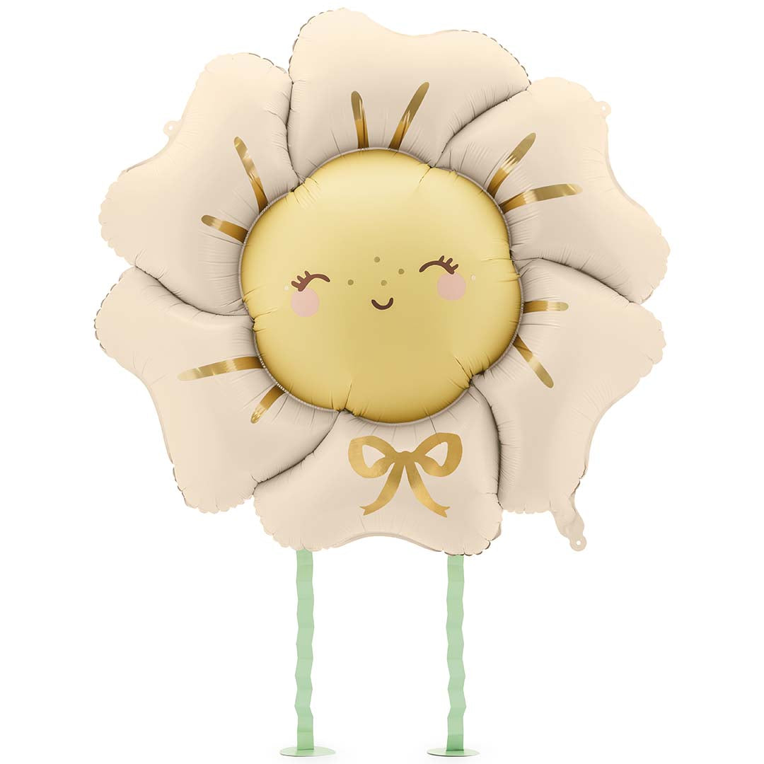 partydeco beige folieballon in de vorm van een lachende bloem met groene stelen.