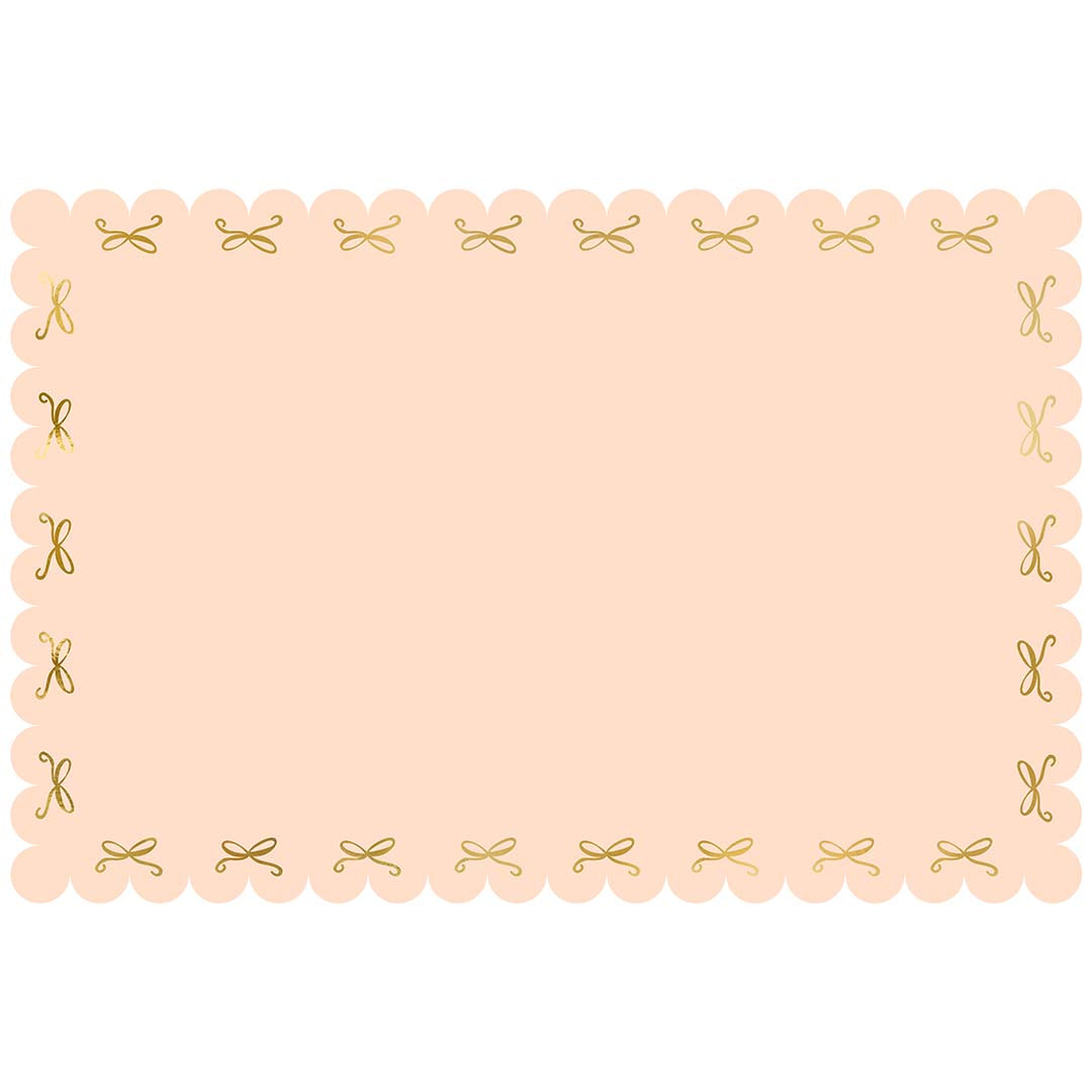 PartyDeco papieren tafelkleed met een lichtroze kleur en gouden strikjes langs de geschulpte rand.