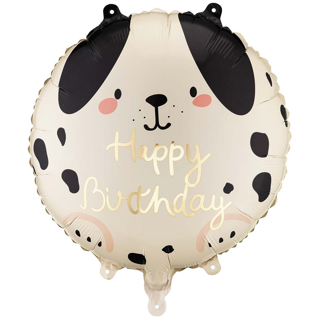 Partydeco ronde folieballon met een hondenhoofd en de tekst 'Happy Birthday'.