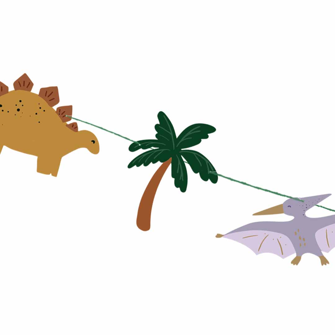 Detail van de PartyDeco dinosaurus slinger met een bruine dinosaurus, groene palmboom en paarse vliegende dinosaurus.