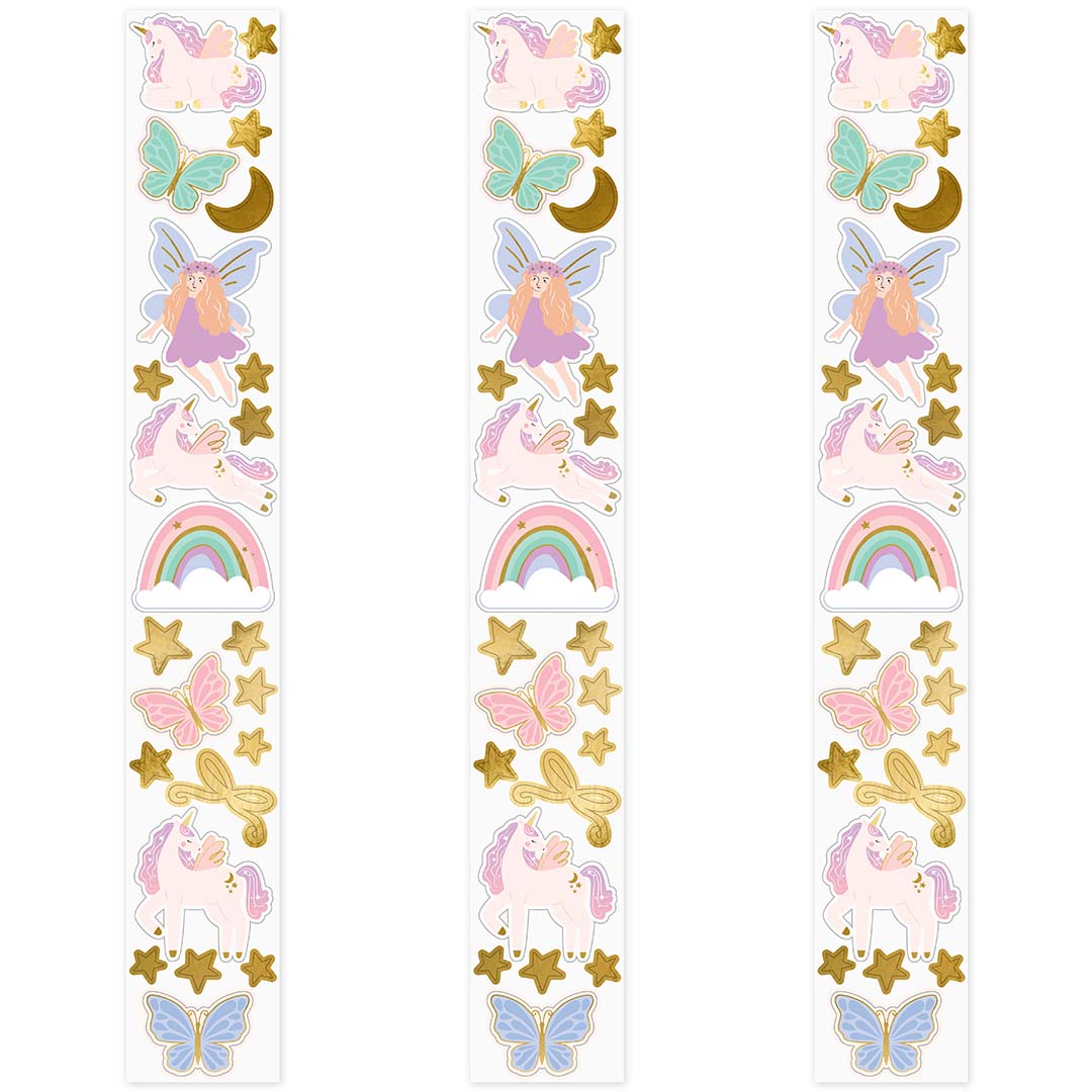 Drie stroken partydeco eenhoorn stickers met eenhoorns, feeën, regenbogen, sterren en vlinders.