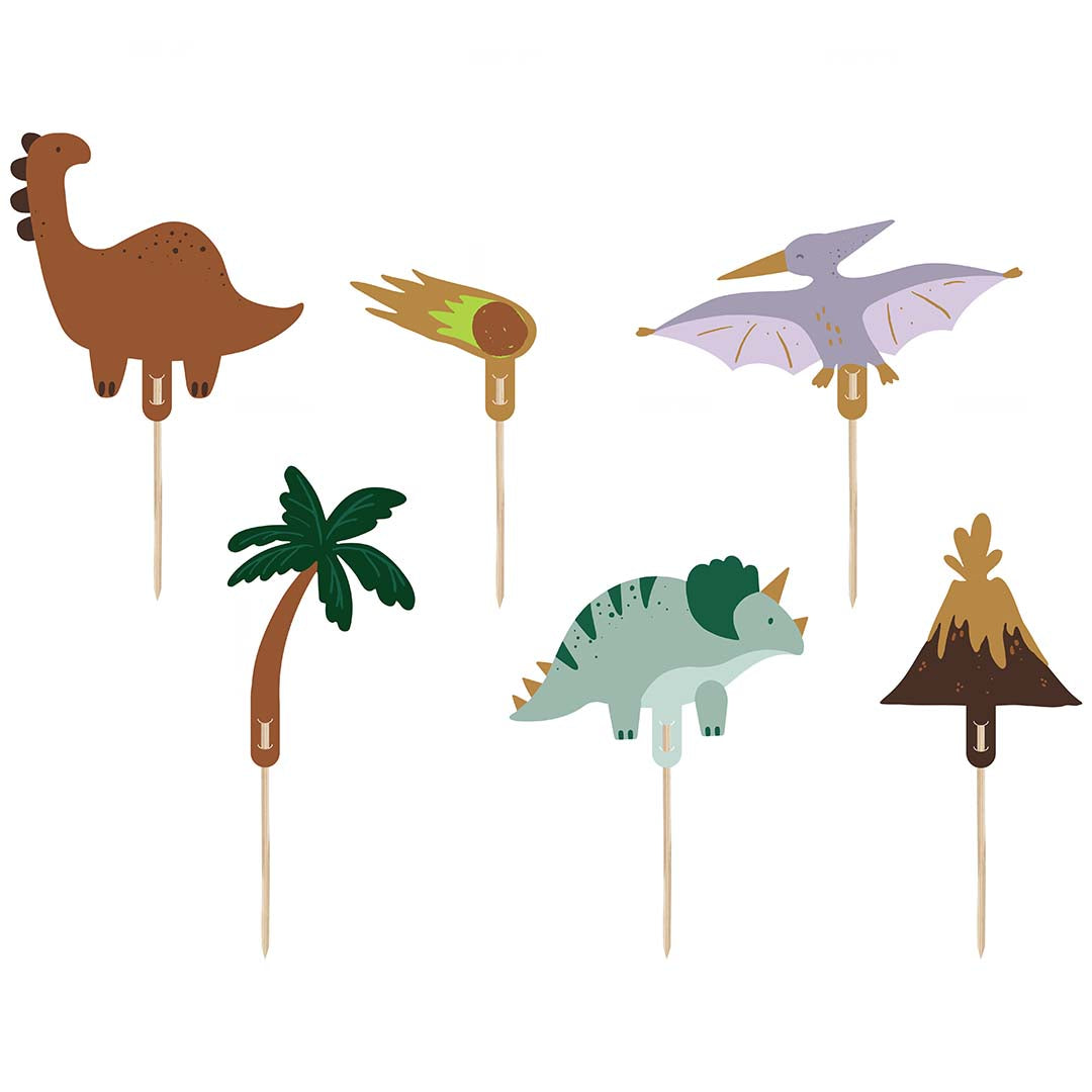 Partydeco dinosaurus taartversiering met zes verschillende figuren zoals een T-rex, Pterodactylus, Triceratops, palmboom, vulkaan en meteoor.