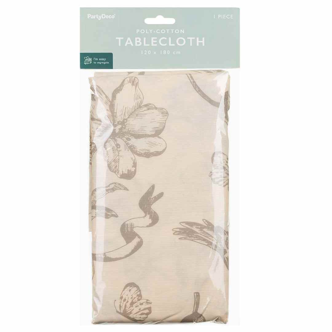 Verpakking van het PartyDeco poly-katoenen tafelkleed met beige bloemenpatroon.