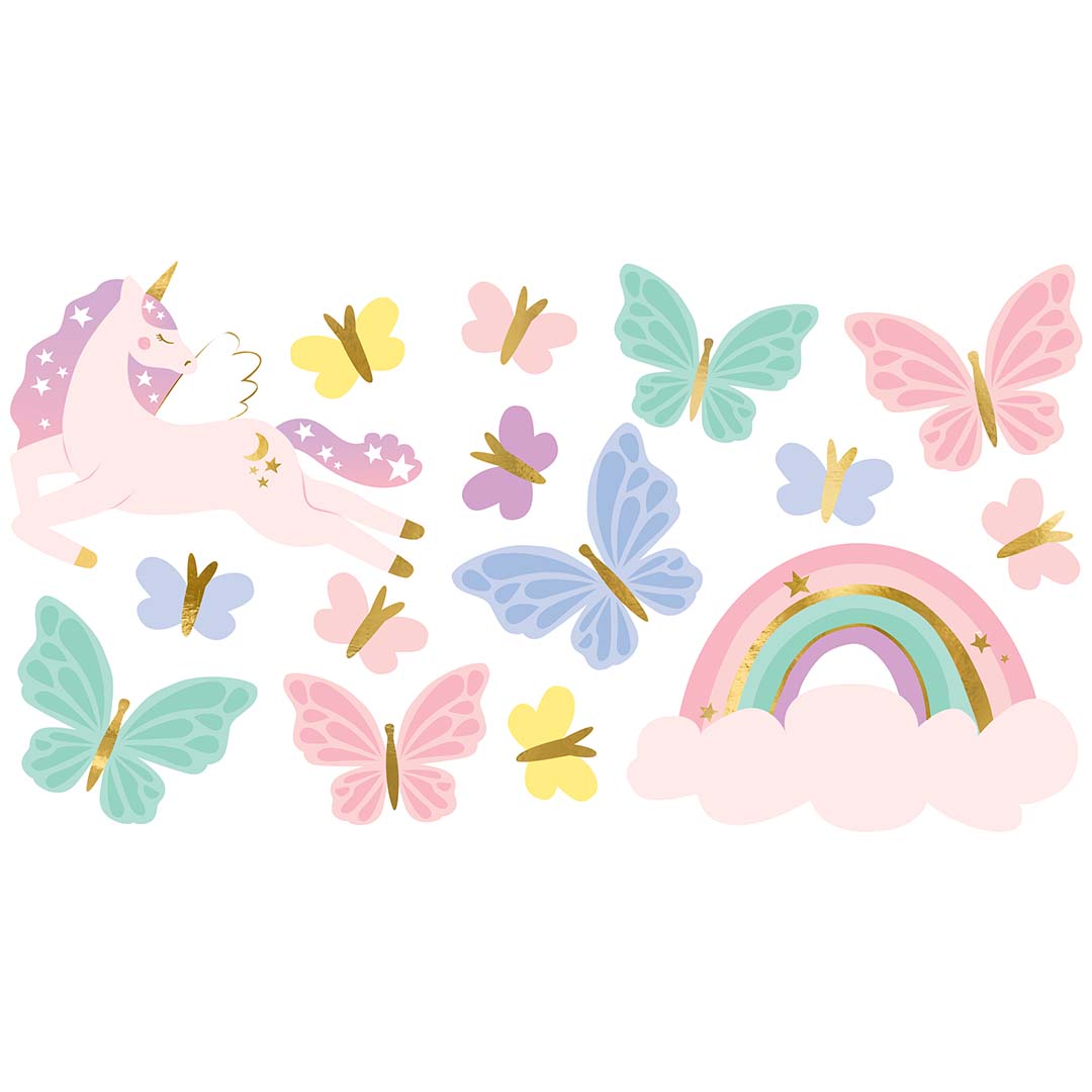 Collectie van PartyDeco tijdelijke tatoeages voor kinderen met een eenhoorn, vlinders en een regenboog.