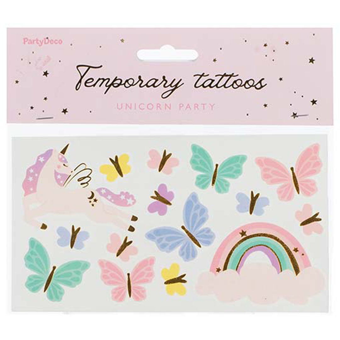 Verpakking van PartyDeco tijdelijke tatoeages voor kinderen met een eenhoorn, vlinders en een regenboog.