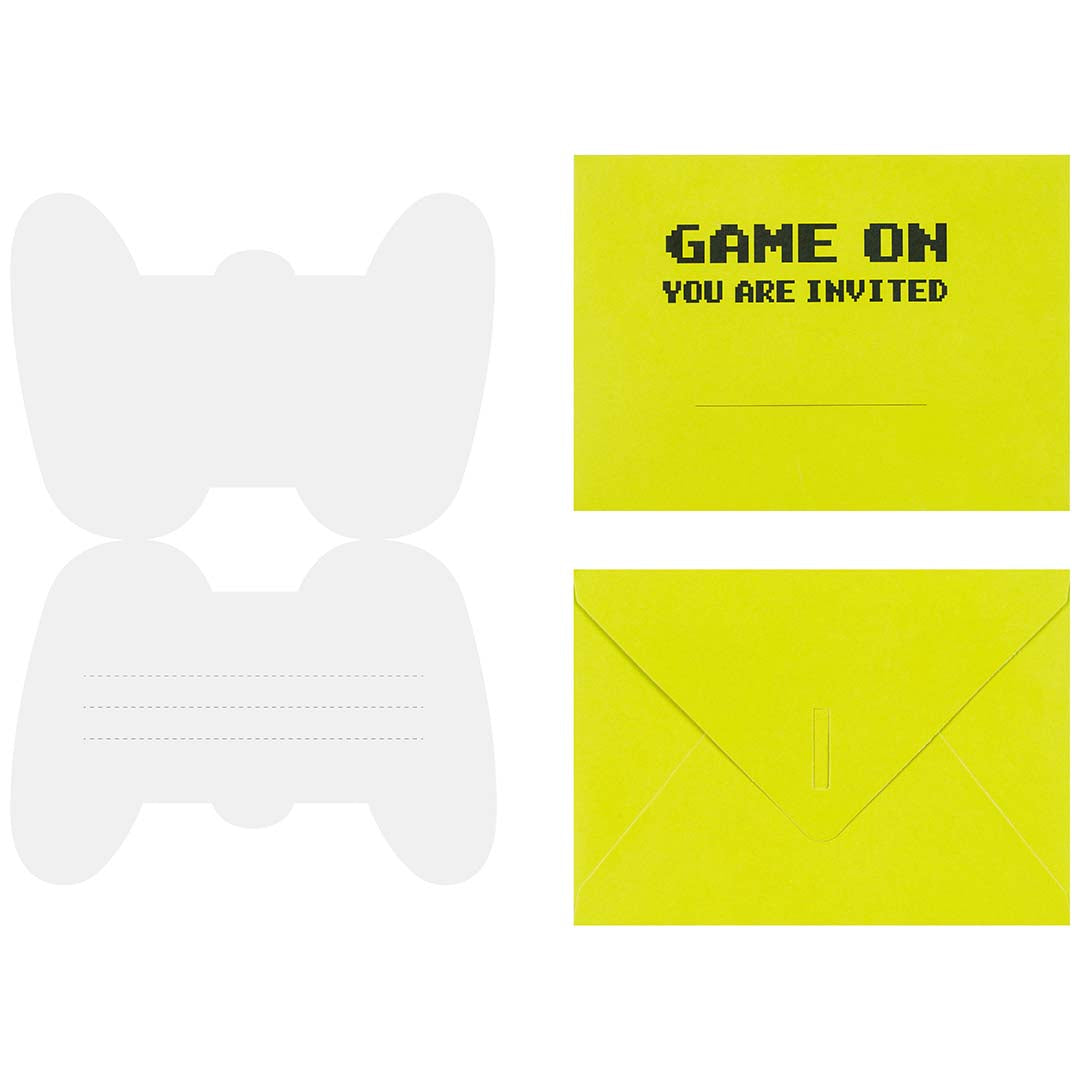 partydeco verjaardagsuitnodigingen set met blanco gamepad kaarten en gele enveloppen met "GAME ON" tekst.