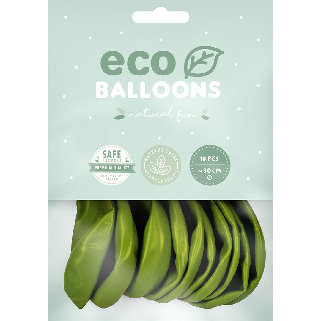 Verpakking van Partydeco pastel olijfgroene eco ballonnen met productinformatie.