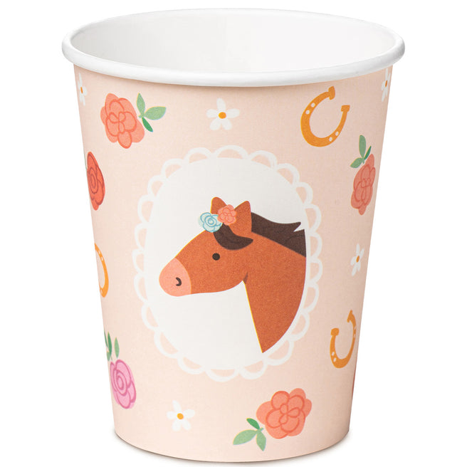 Partydeco papieren partybeker met een paardenhoofd, bloemen en hoefijzers op een beige achtergrond.