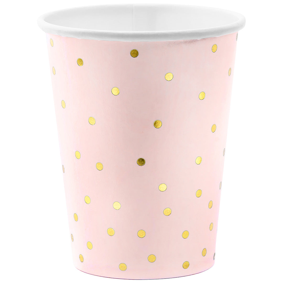 Partydeco roze papieren beker met gouden stippen.