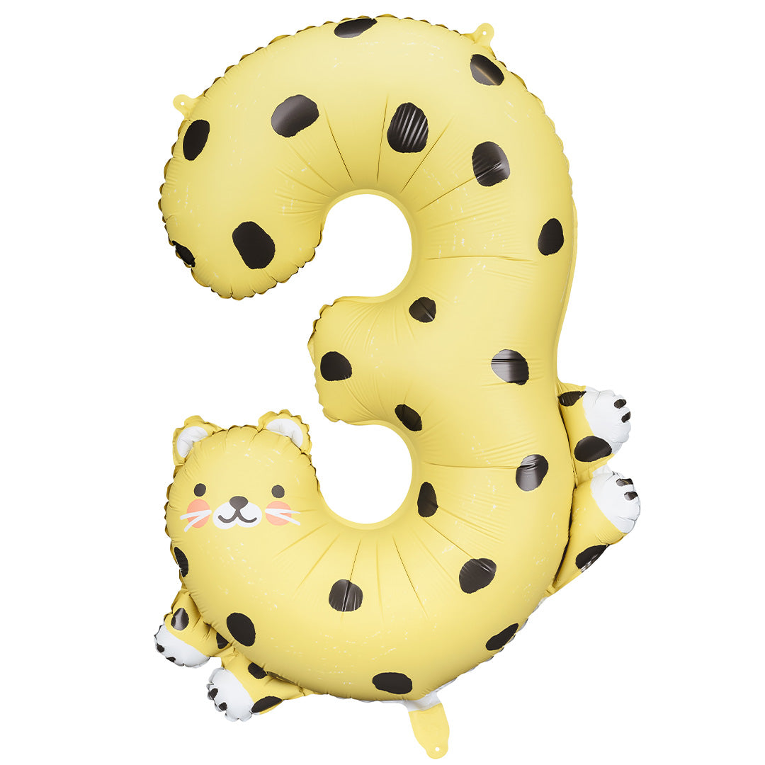 Partydeco gele cijferballon 3 in de vorm van een cheetah met zwarte vlekken.