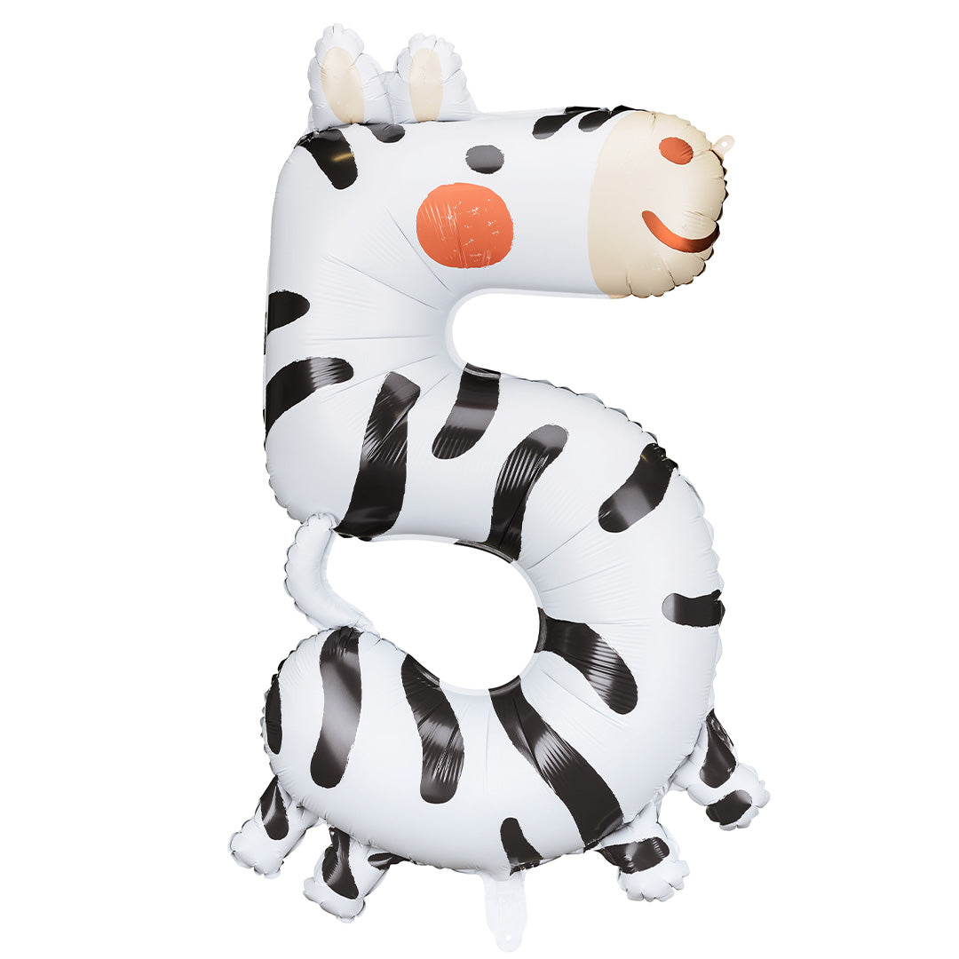 Partydeco folieballon in de vorm van het cijfer 5 met zebraprint.