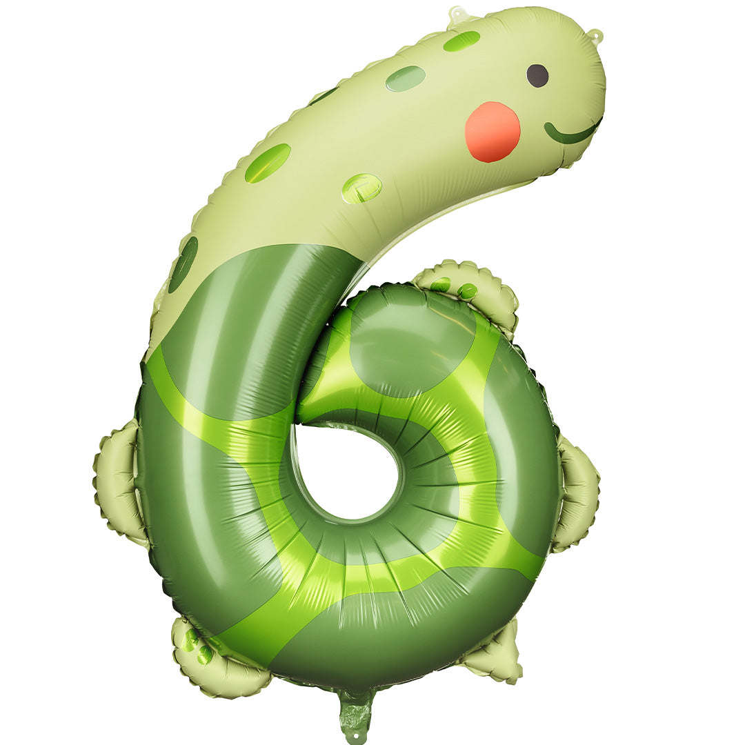 Partydeco groene folieballon in de vorm van cijfer 6 als schildpad.