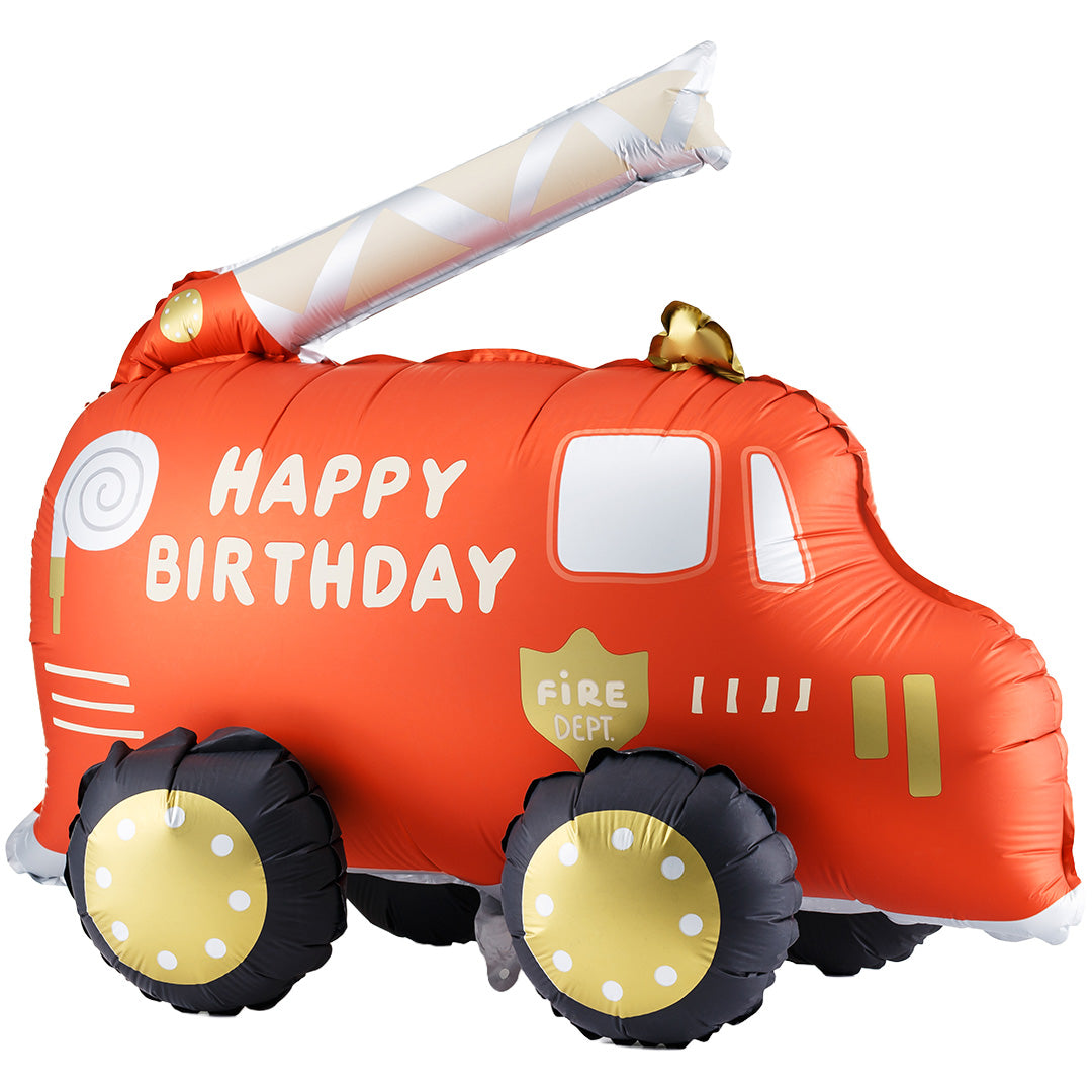Partydeco folieballon in de vorm van een rode brandweerwagen met de tekst 'Happy Birthday'.