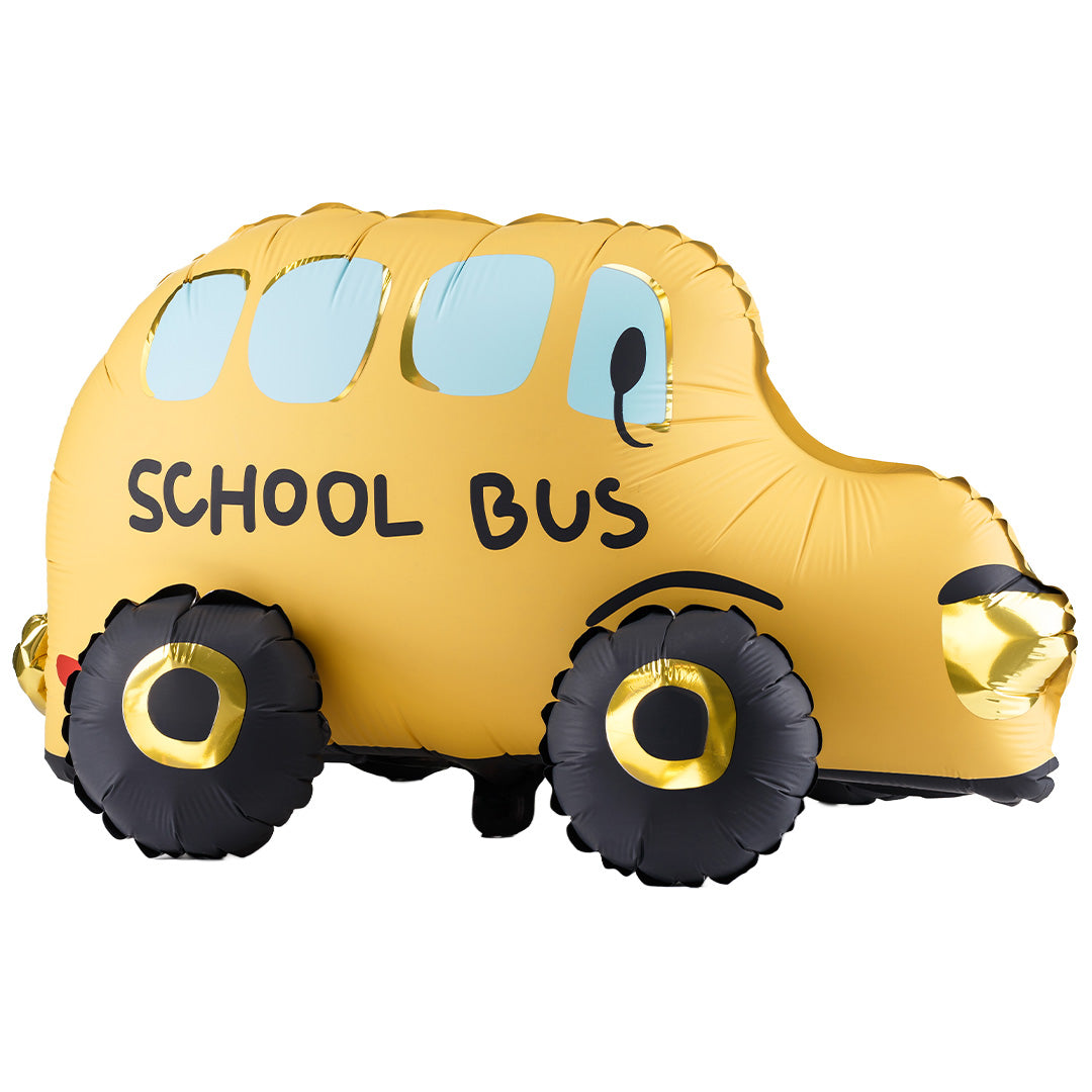Partydeco folieballon in de vorm van een gele schoolbus met de tekst 'SCHOOL BUS' en zwarte wielen.