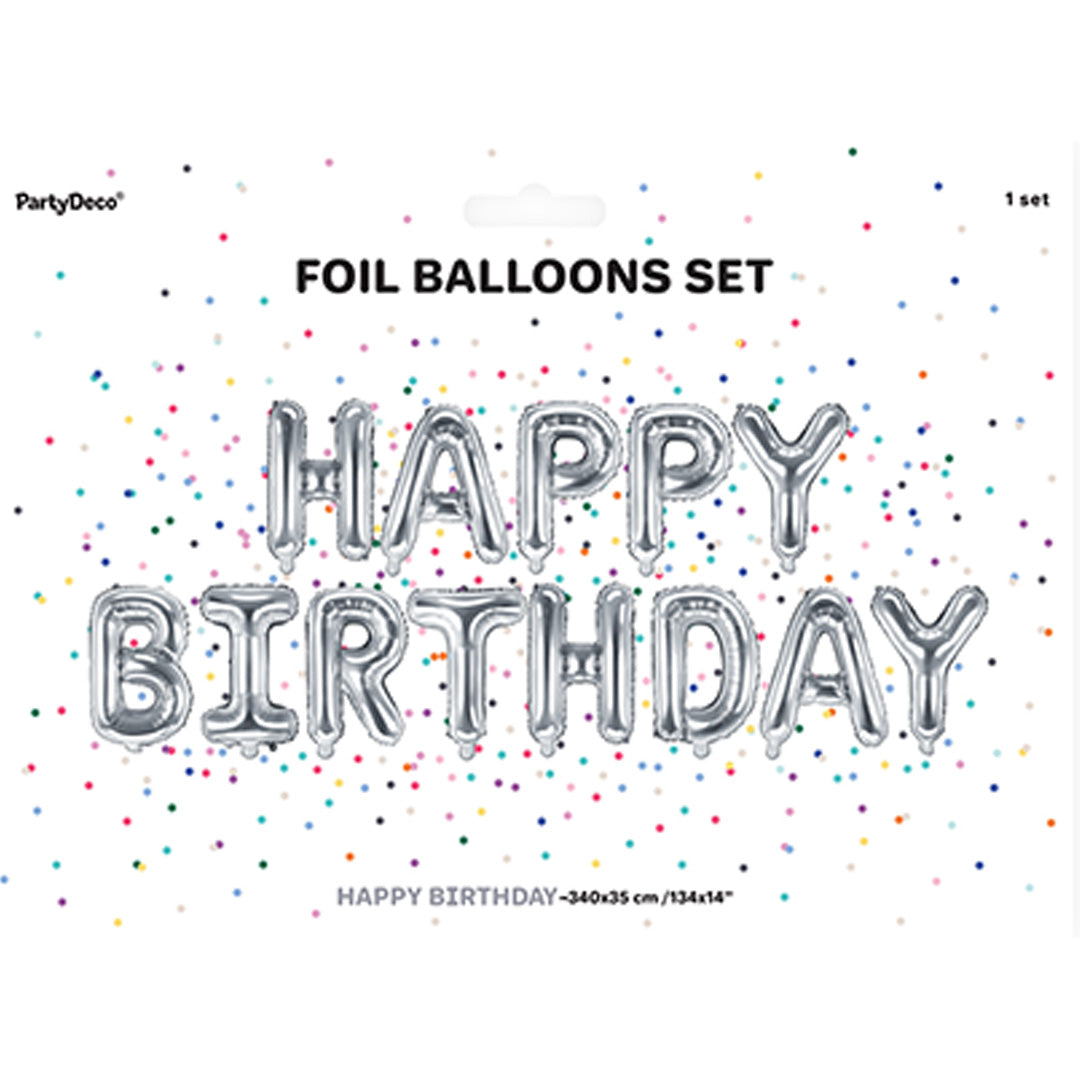 Verpakking van de PartyDeco zilveren 'HAPPY BIRTHDAY' folieballonset met confetti.