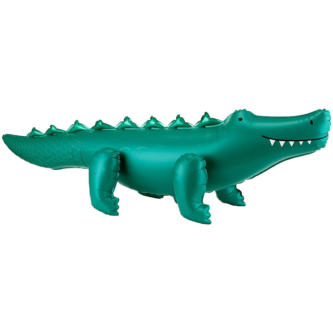 Partydeco groene folieballon in de vorm van een krokodil.